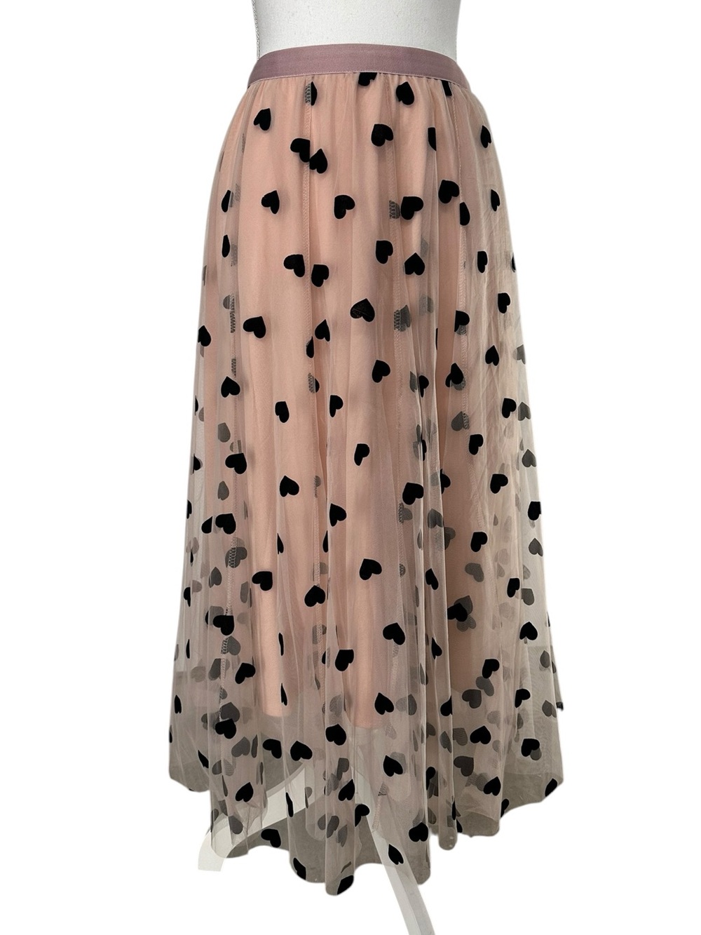 Pink Tulle & Black Velvet Heart Midi-Maxi Skirt / Small (Estimated) / ChicWish